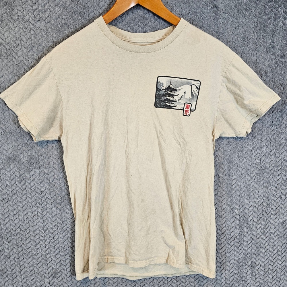 Bowery Supply Co Mens Tokyo Japan Graphic‎ T-Shirt Tan Mount Fuji Pagoda Size M